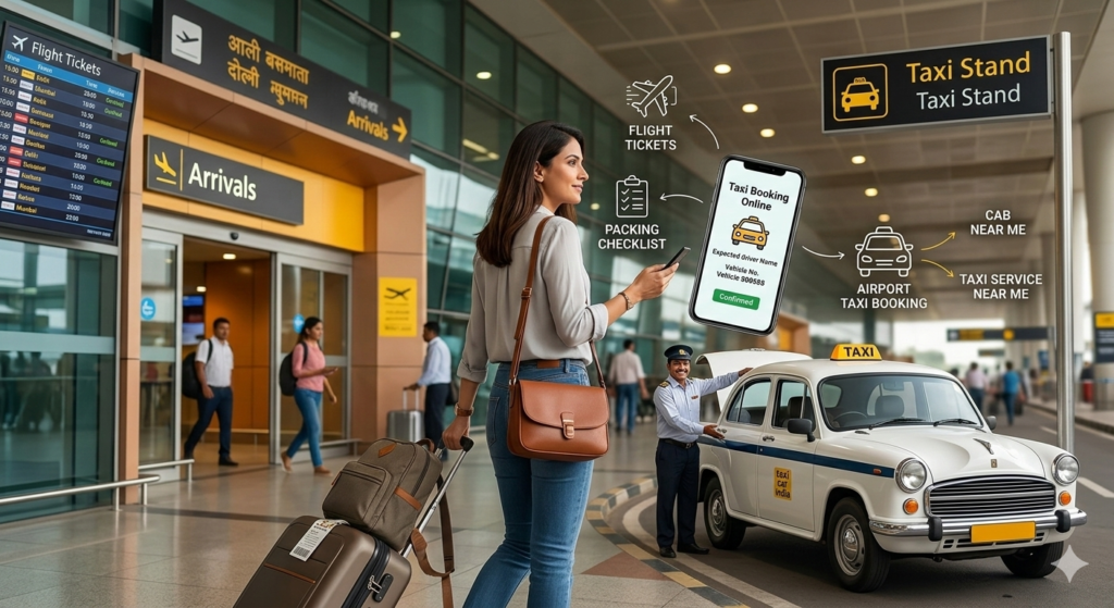 A traveler arriving at a bustling airport terminal exits toward a taxi stand and waiting driver, having confirmed her online cab booking on her smartphone. The image illustrates the journey from tickets to taxi.