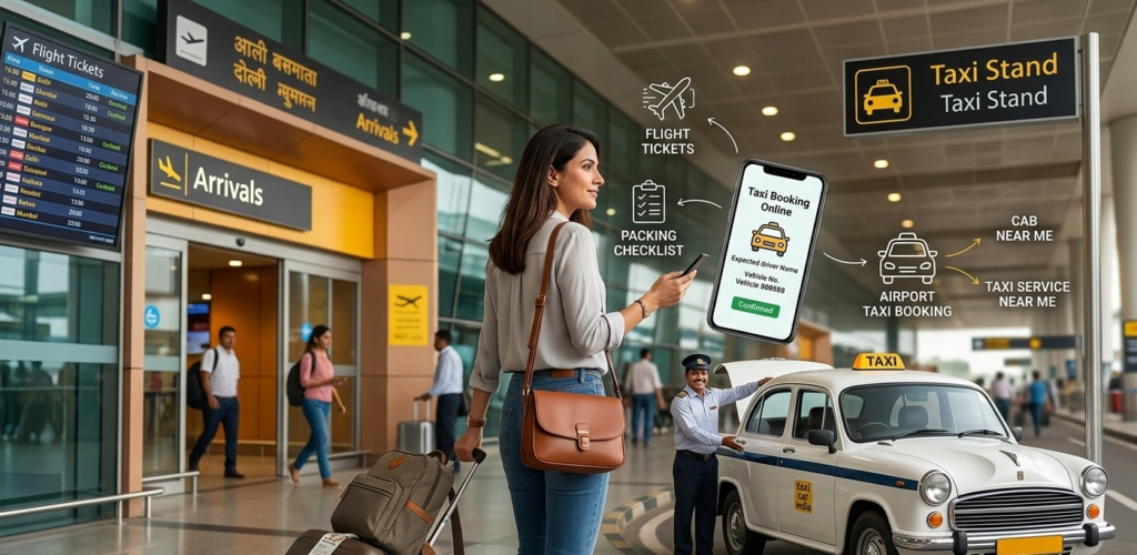 A traveler arriving at a bustling airport terminal exits toward a taxi stand and waiting driver, having confirmed her online cab booking on her smartphone. The image illustrates the journey from tickets to taxi.