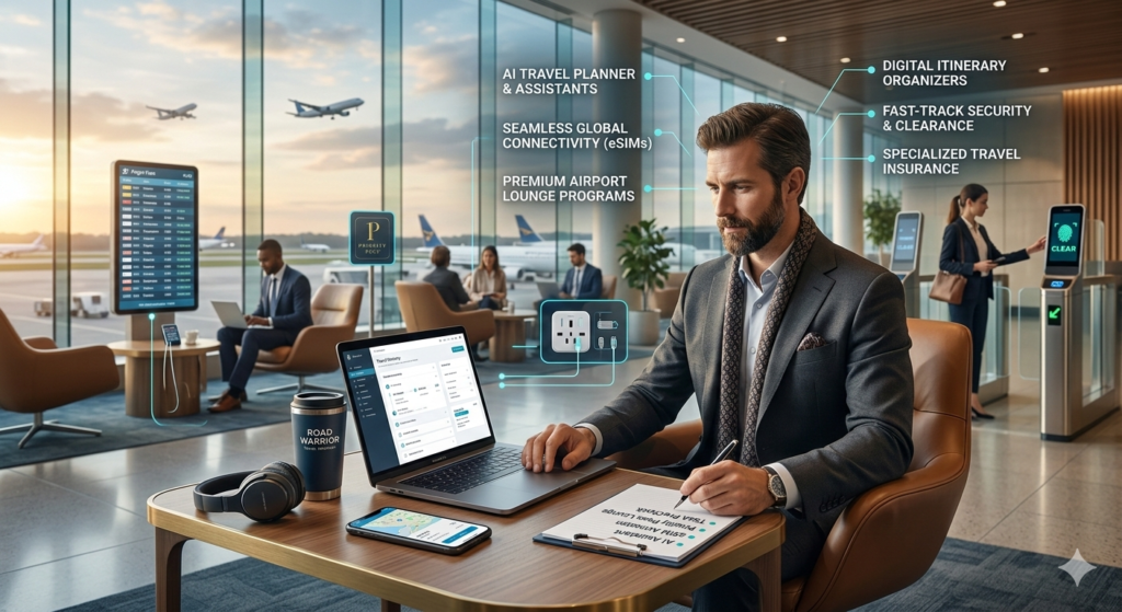 A frequent traveler in a premium airport lounge using a laptop with AI travel planning software, featuring digital overlays for eSIM connectivity, lounge programs, and fast-track security services.