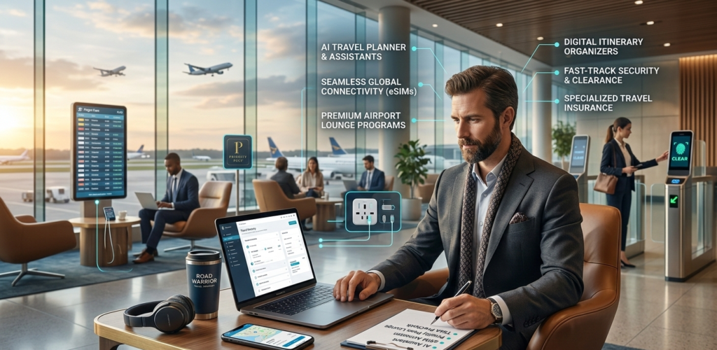A frequent traveler in a premium airport lounge using a laptop with AI travel planning software, featuring digital overlays for eSIM connectivity, lounge programs, and fast-track security services.
