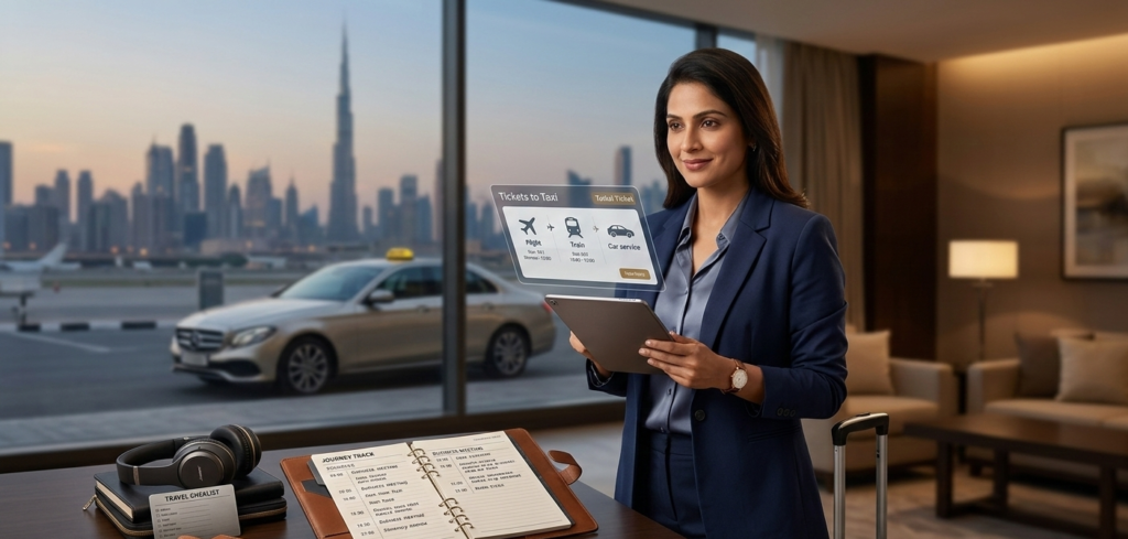 A sophisticated photograph of an Indian business professional woman, positioned in a modern city hotel lounge at dusk, overlooking a blurred skyline view. She is holding a tablet with an integrated 'Tickets to Taxi' itinerary. On a nearby dark wood table rests a personalized leather-bound travel planner open to 'JOURNEY TRACK' notes and a branded 'Malviya Tours & Travels' luggage tag, alongside noise-canceling headphones. The image embodies organized, seamless travel services, emphasizing the human touch in planning.
