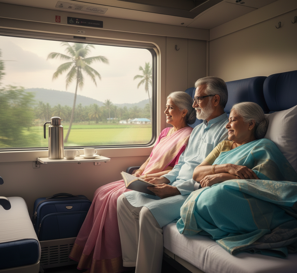 Senior citizens enjoying a comfortable train journey in India while seated on a lower berth near a window.