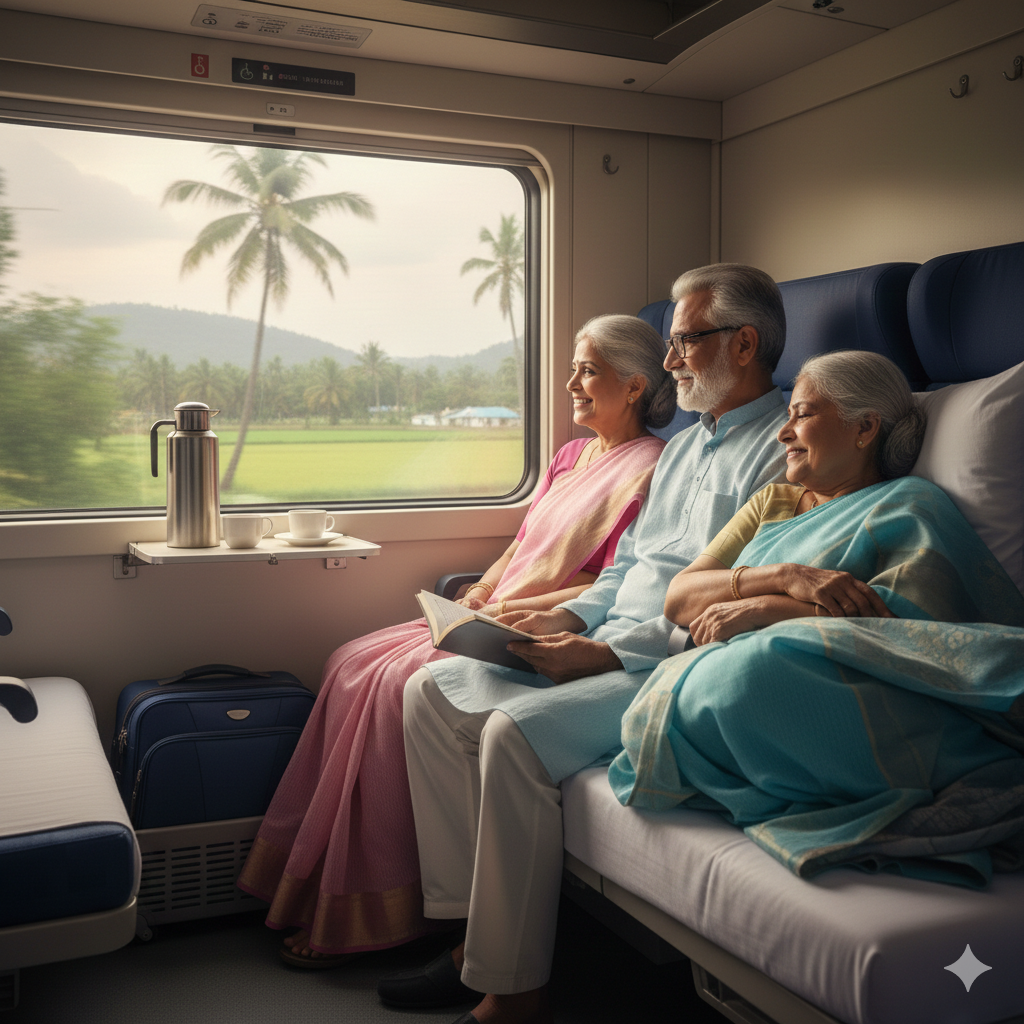 Step-by-Step Guide to Train Ticket Booking for Senior Citizens: 2026 Edition Senior citizens enjoying a comfortable train journey in India while seated on a lower berth near a window.