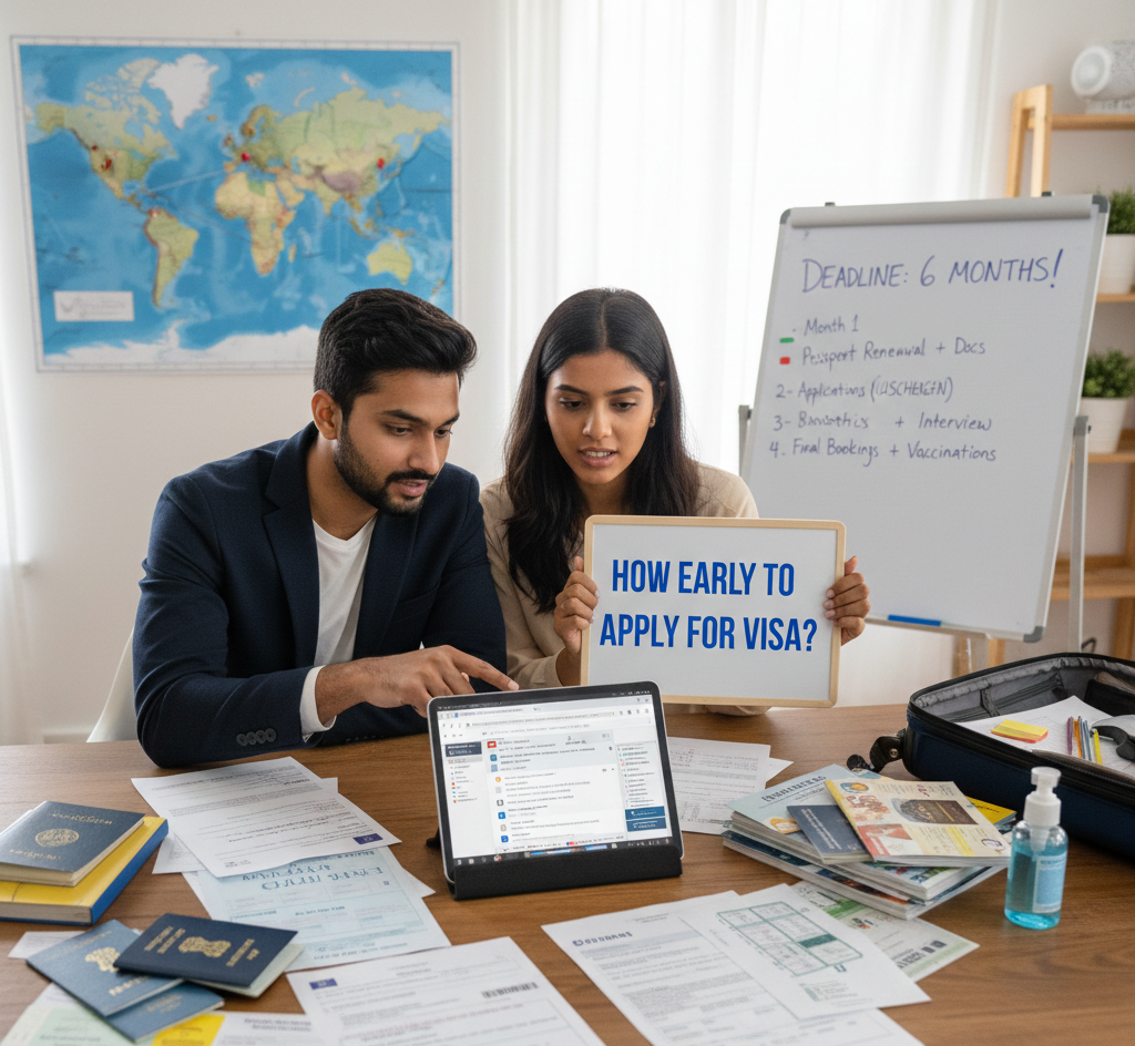 Travelers researching how early to apply for visa with a passport, documents, and 6-month deadline checklist.
