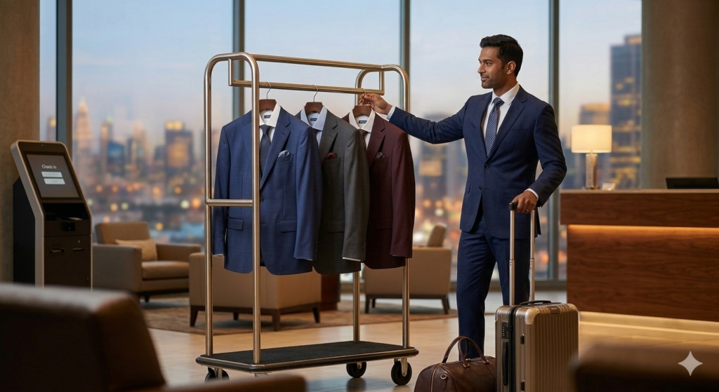 A high-resolution photograph focuses sharply on an Indian business professional male executive in a sophisticated, modern city hotel lounge, overlooking a blurred urban view. He stands next to a detailed, polished brass rolling valet rack where three perfectly tailored suits (one dark grey, one navy blue, and one patterned tweed) are clearly presented with accessories on hangers. He adjusts one hanger with a look of prepared readiness. A sleek premium rolling suitcase rests near him, reinforcing a sense of organized efficiency and professional travel. The scene is well-lit and professional, emphasizing refined business travel planning.