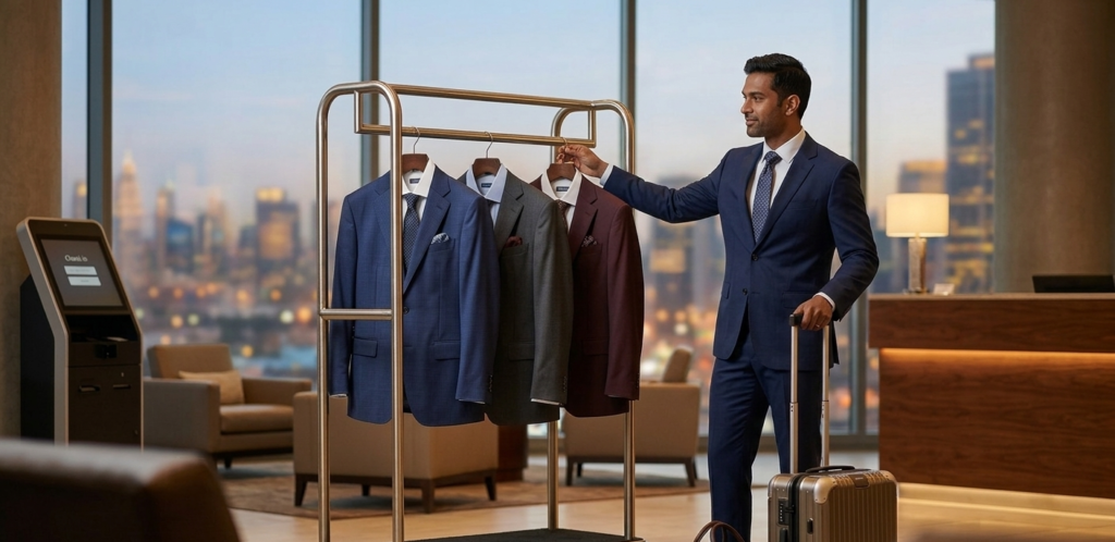 A high-resolution photograph focuses sharply on an Indian business professional male executive in a sophisticated, modern city hotel lounge, overlooking a blurred urban view. He stands next to a detailed, polished brass rolling valet rack where three perfectly tailored suits (one dark grey, one navy blue, and one patterned tweed) are clearly presented with accessories on hangers. He adjusts one hanger with a look of prepared readiness. A sleek premium rolling suitcase rests near him, reinforcing a sense of organized efficiency and professional travel. The scene is well-lit and professional, emphasizing refined business travel planning.