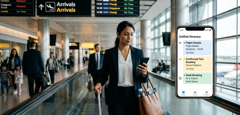 A documentary-style photograph captures a professional traveler efficiently checking her smartphone while briskly walking through a busy airport terminal. Her screen shows a unified travel app displaying a flight itinerary, taxi booking confirmation, and workplace reservations. The image highlights a sense of dynamic flow, structured organization, and the balance of work and comfort, making it a perfect fit for a guide on traveling comfortably on a tight work schedule.