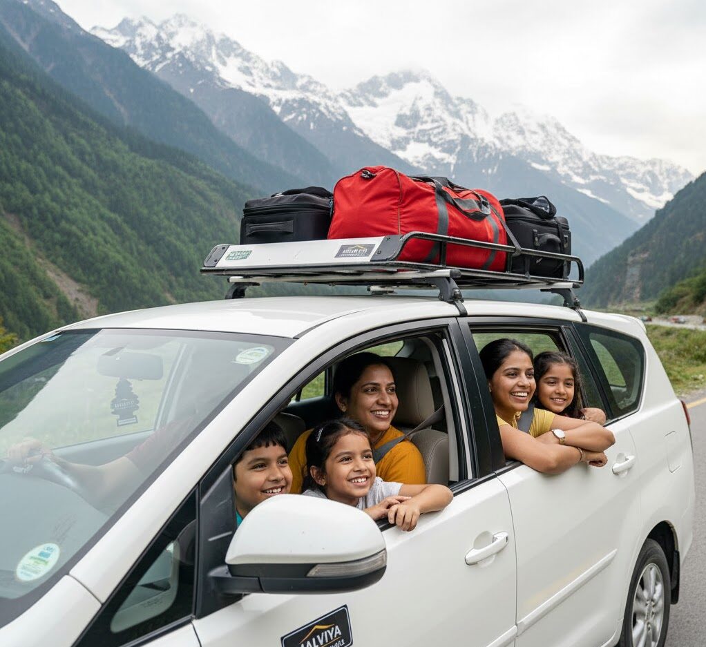 A happy family enjoying an outstation taxi service with Malviya Tours & Travels through scenic mountain roads with luggage on a roof rack