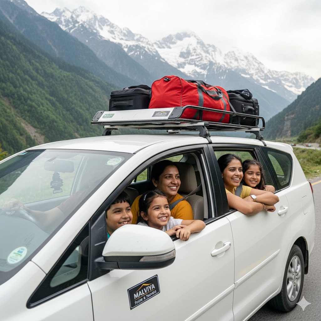 Why Pre-Booking Taxi Services Makes Travel Stress-Free: The 2026 Guide. A happy family enjoying an outstation taxi service with Malviya Tours & Travels through scenic mountain roads with luggage on a roof rack